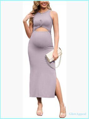 Maternity Bodycon Tank Dress with Twist Cutout Side Split Ribbed Knit